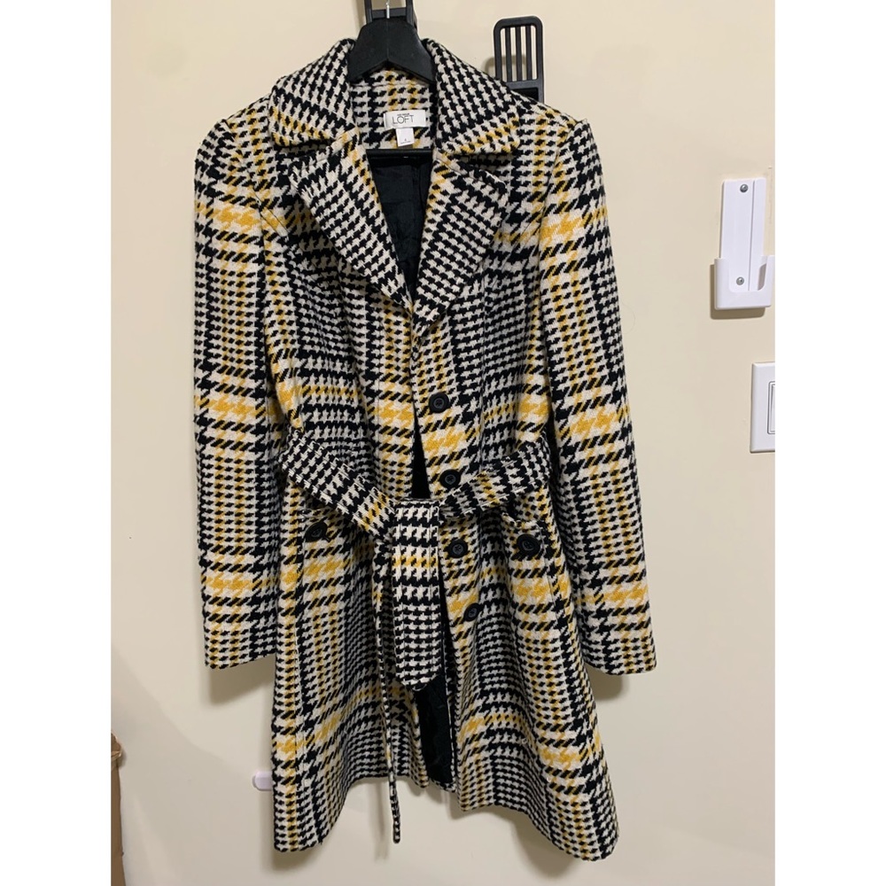 Ann Taylor Loft Plaid Walker Blazer Tweed Black Yellow Coat With Belt Size 4